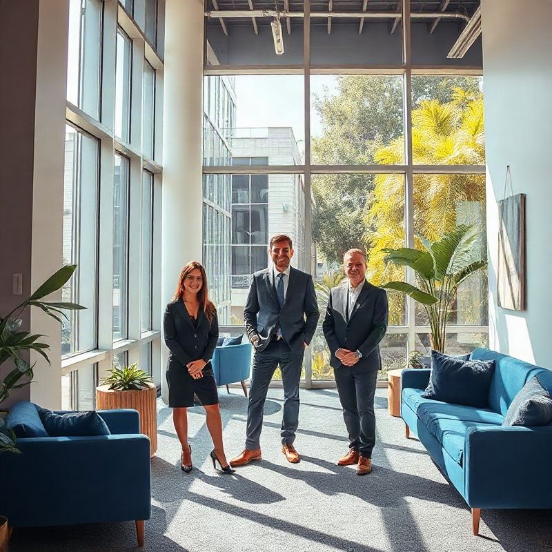 Equipe de três consultores em escritório com janelas amplas e mobiliário índigo em Porto Alegre
